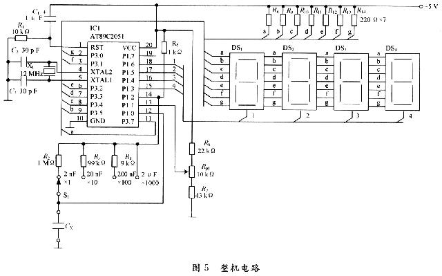 设计任务 设计并制作一个数字电容表,系统实现的功能及要求如下: (1)设计的电容表可测量容量小于2F的电容。 (2)设计的电容表采用3位半数字显示,最大显示值为1 999。 (3)设计的电容表读数单位统一采用nF,量程分4档,实际电容值为读数乘以相应的倍率。 2 方案论证 2.1 电路方案 (1)方案一:基本电路搭建 用基本电路来实现数字显示的电容表,电路结构复杂,故障系数大,不易调试,误差也较大。 (2)方案二:单片机编程 用单片机设计电路,由于使用软硬件结合的方式,所以电路结构简单、调试也相对方便。与